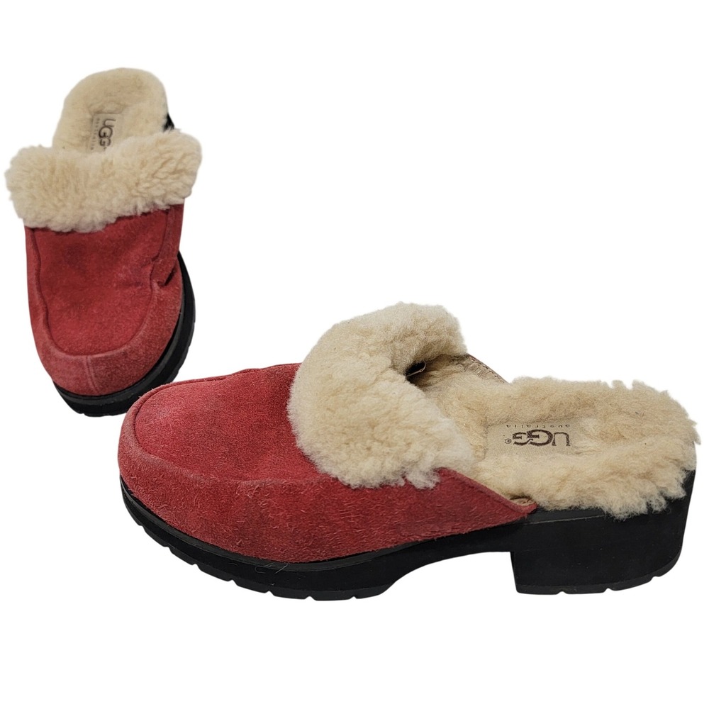 UGG Australia Red Suede Sheepskin Lined Block‎ Heel Mule Clogs Shoes Sz 6 Chunky